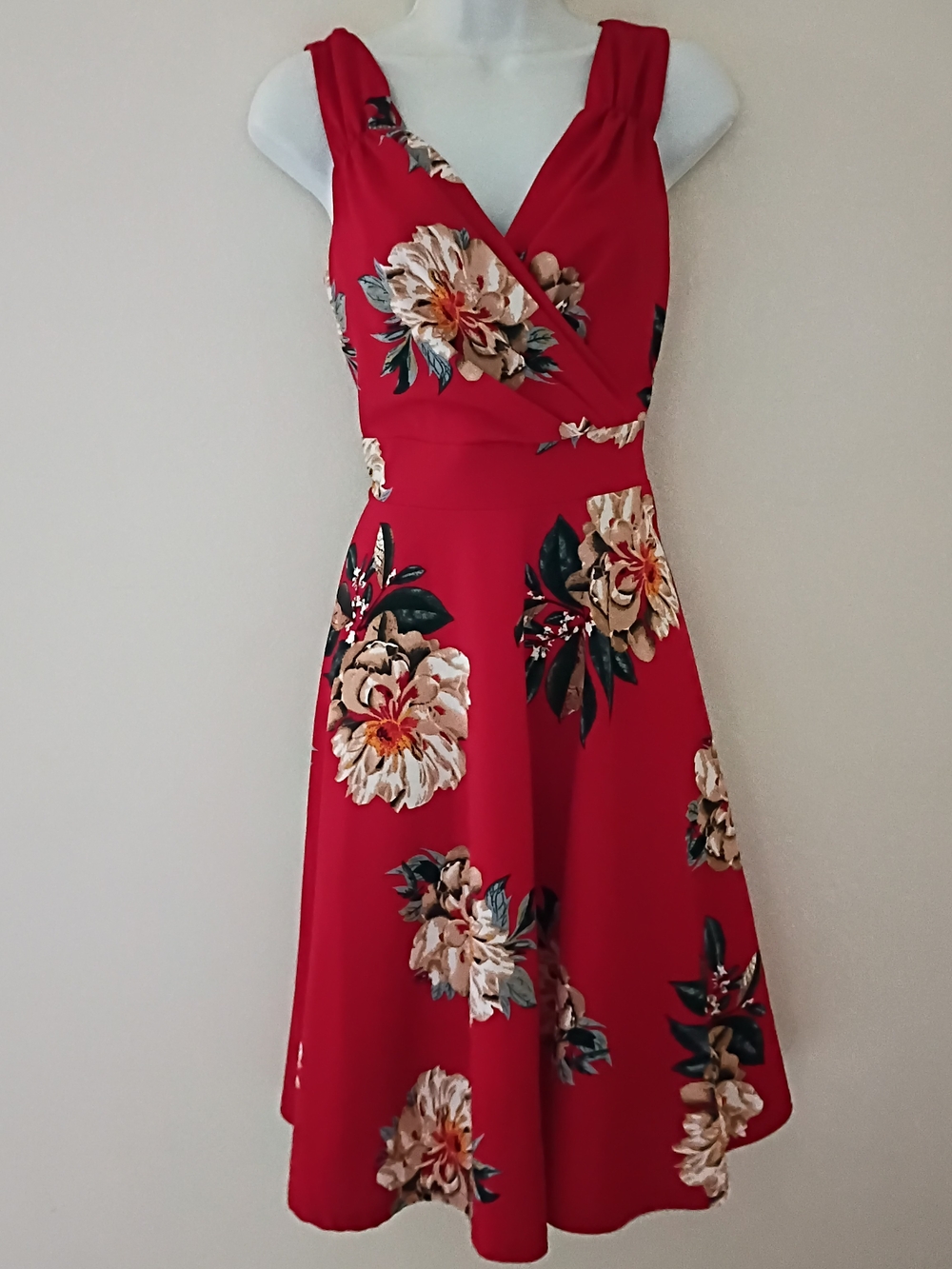 Grace Karin Red Floral Sleeveless Wrap Midi Dress